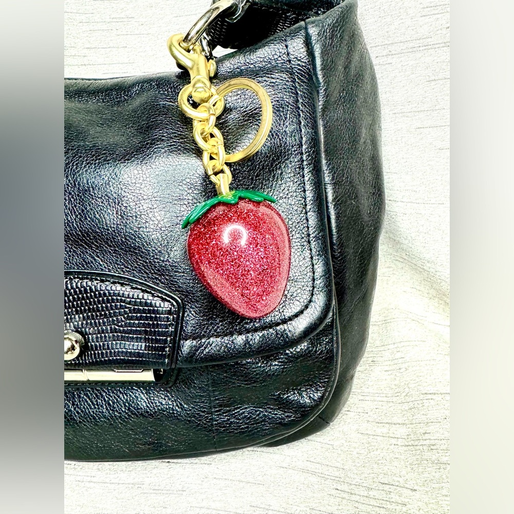 Strawberry Bag Charm - Pink Glitter & Gold charm w/ Dog Leash Clip & Keychain 5”